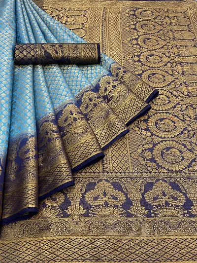 Kanjivaram Silk Blend Woven Sarees with Blouse Piece