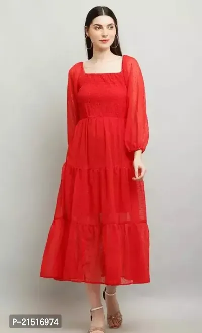 Stylish Red Georgette Solid Maxi Dress For Women