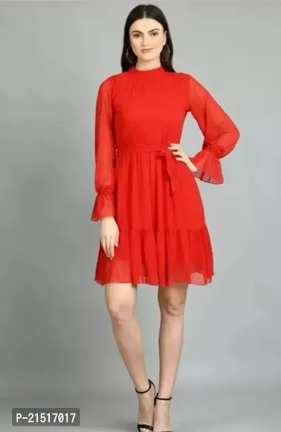 Stylish Red Georgette Solid A-Line Dress For Women