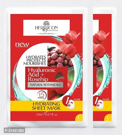 Herbicon Hyaluronic Face Sheet Mask with Rosehip Oil for Soft and Plump Skin - 20 g (Pack of 2)