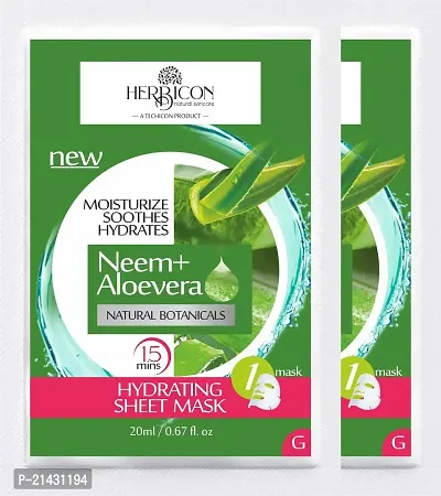 Herbicon Face Sheet Mask with Neem  Aloe Vera for Anti Acne, Pimples, Dark Spots, Deep Cleansing, Skin Repair - 20 g (Pack of 2)