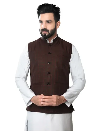 Classic Cotton Blend Checked Nehru Jackets for Men
