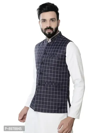 Classic Cotton Blend Checked Nehru Jackets for Men-thumb2