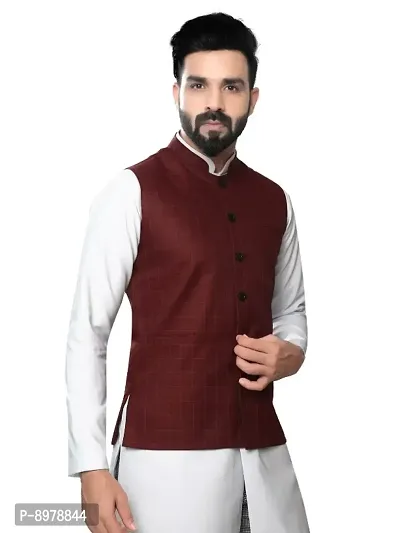 Classic Cotton Blend Checked Nehru Jackets for Men-thumb4