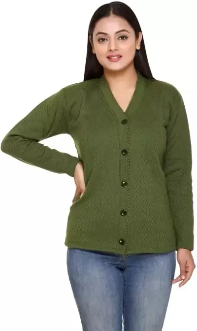 Women Self Design V Neck Dark Green Sweater