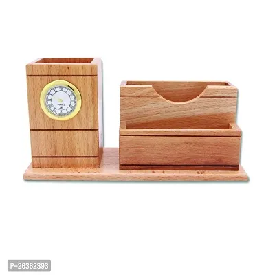 2 Compartment Wooden Pen  Moblie Stand with Clock, Wooden Card Holder Wooden Pencil Stand Wood Inserted Watch For Office Desk,Study Table-thumb0