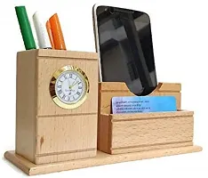 2 Compartment Wooden Pen  Moblie Stand with Clock, Wooden Card Holder Wooden Pencil Stand Wood Inserted Watch For Office Desk,Study Table-thumb1