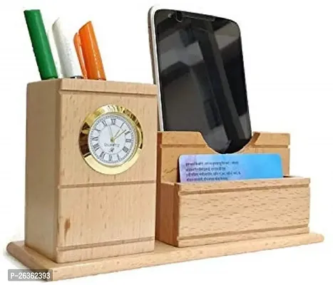 2 Compartment Wooden Pen  Moblie Stand with Clock, Wooden Card Holder Wooden Pencil Stand Wood Inserted Watch For Office Desk,Study Table-thumb2
