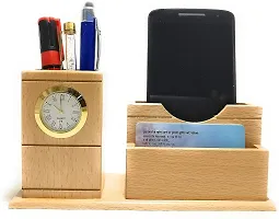 2 Compartment Wooden Pen  Moblie Stand with Clock, Wooden Card Holder Wooden Pencil Stand Wood Inserted Watch For Office Desk,Study Table-thumb2