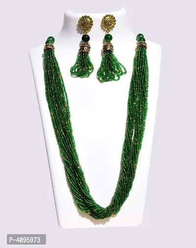 Contemporary Glass Beads Dark Green Women's Necklace with Earrings Set