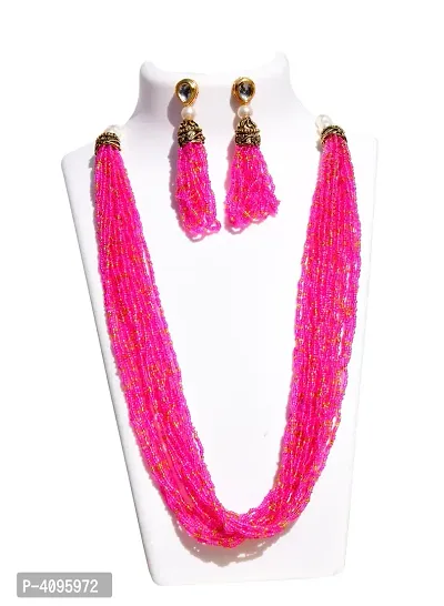 Contemporary Glass Beads Dark Pink Women's Necklace with Earrings Set