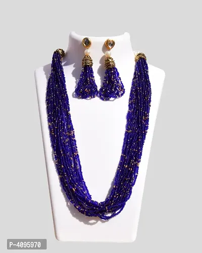 Contemporary Glass Beads Dark Blue Women's Necklace with Earrings Set-thumb0