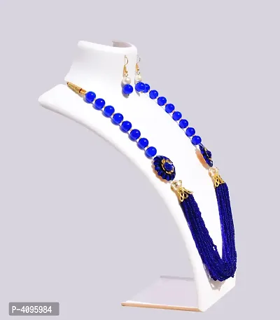 Ethnic Two Side Floral Dark Blue Glass Beads Women's Necklace with Earring  Jewellery Set-thumb2