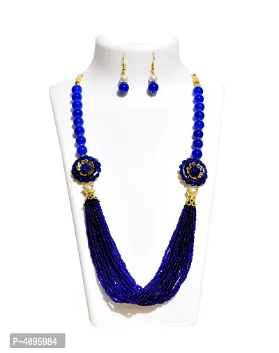 Ethnic Two Side Floral Dark Blue Glass Beads Women's Necklace with Earring  Jewellery Set-thumb0