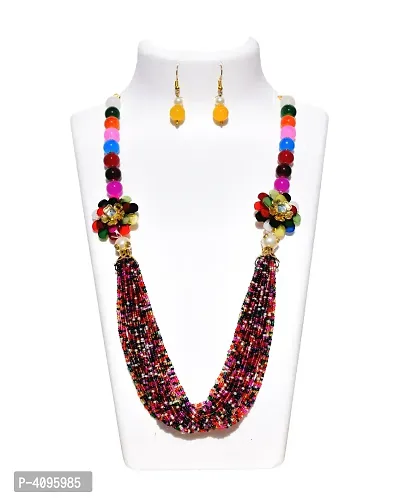 Ethnic Two Side Floral Black Glass Beads Women's Necklace with Earring Jewellery Set