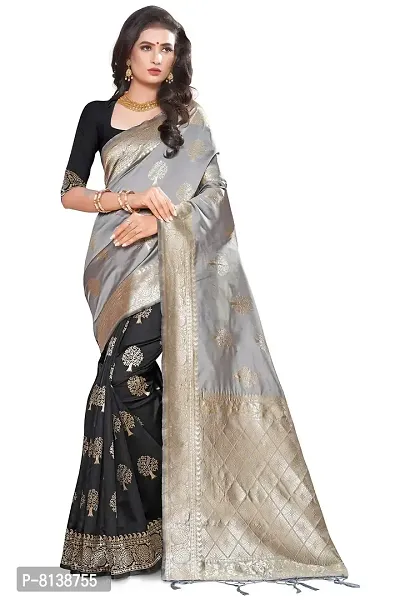 NITYA Women's Banarasi Silk Half and Half Pattern Saree with Blouse Piece (Grey)