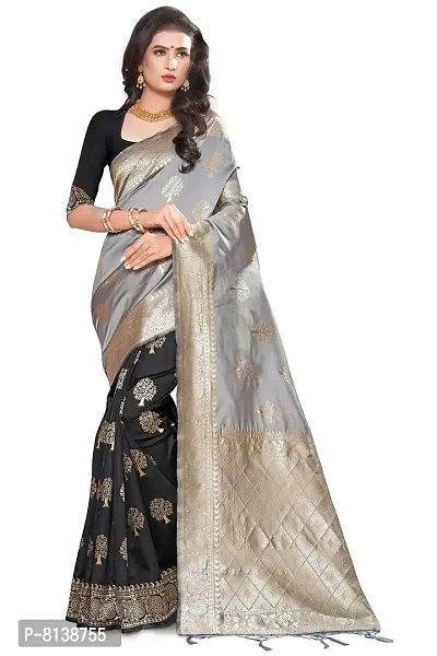 NITYA Women's Banarasi Silk Half and Half Pattern Saree with Blouse Piece (Grey)-thumb0