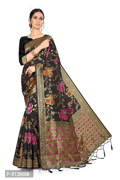 Panchaamrit Women's Kota Chanderi Silk Blend Jacquard Woven Meenakari Saree with Unstitched Blouse Piece | Colorful Floral Pattern | Black Lichi Silk Sari with Soft Zari Work-thumb0