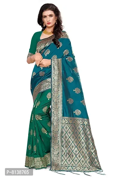 NITYA Women's Banarasi Silk Half and Half Pattern Saree with Blouse Piece (NT87, Kerosene Blue)-thumb0