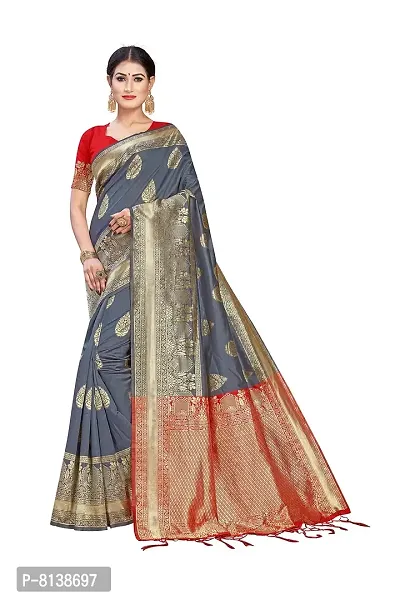 NITYA Women's Banarasi Silk Blend, Jacqaurd Saree With Blouse Piece (NT98_Dark Grey, Red)
