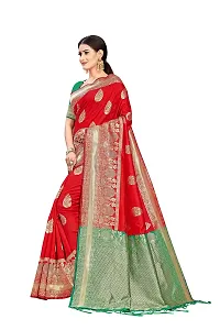 Panchaamrit Women's Soft Kota Kanjivaram Silk Blend Jacqaurd Woven Saree with Contrast Unstitched Blouse Piece | Red Lichi Silk Saree with Contrast Pallu (Green) and Soft Golden Zari Work-thumb2