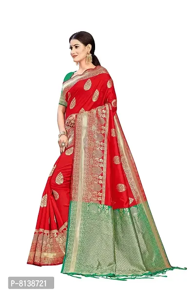 Panchaamrit Women's Soft Kota Kanjivaram Silk Blend Jacqaurd Woven Saree with Contrast Unstitched Blouse Piece | Red Lichi Silk Saree with Contrast Pallu (Green) and Soft Golden Zari Work-thumb3