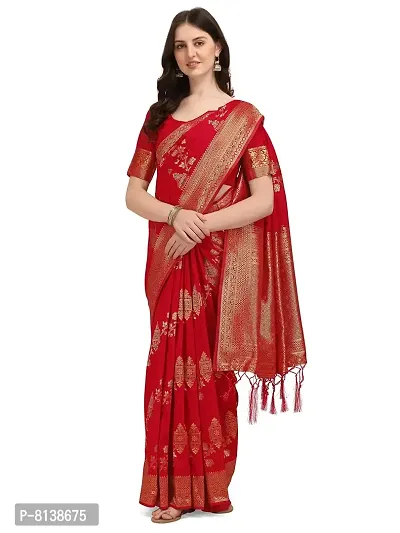 Panchaamrit Banarasi Strip Design Silk Blend Saree With Unstitched Blouse Piece - RED