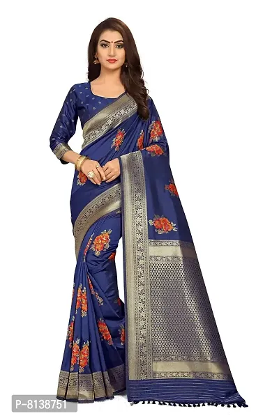 Nitya Soft Banarasi Art Silk Jacquard Woven Meenakari Saree with Unstitched Blouse Piece | Colorful Floral Pattern | Navy Blue Lichi Silk Sari with Soft Copper Zari Work-thumb0