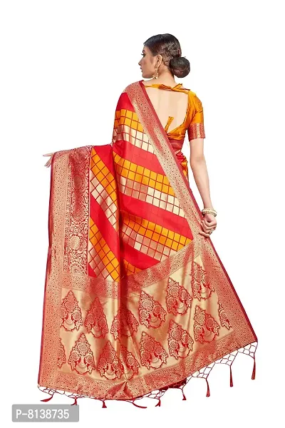 Nitya Soft Kota Chanderi Silk Blend Jacqaurd Woven Saree with Unstitched Contrast Blouse Piece | Red Lichi Silk Saree with Soft Golden Zari Work-thumb2