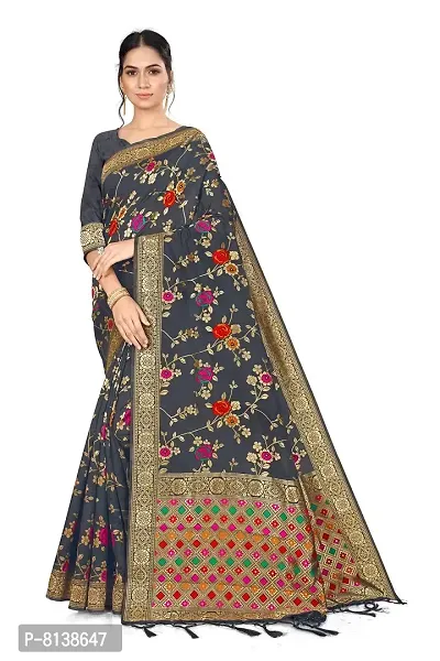 Panchaamrit Women's Kota Chanderi Silk Blend Jacquard Woven Meenakari Saree with Unstitched Blouse Piece | Colorful Floral Pattern | Dark Grey Lichi Silk Sari with Soft Zari Work-thumb0