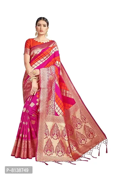 Panchaamrit Women's Soft Kota Chanderi Silk Blend Jacqaurd Woven Saree with Unstitched Contrast Blouse Piece | Pink Lichi Silk Saree with Soft Golden Zari Work