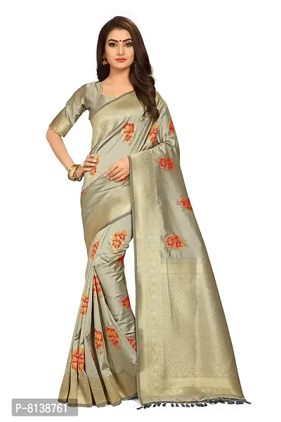 Nitya Soft Banarasi Art Silk Jacquard Woven Meenakari Saree with Unstitched Blouse Piece | Colorful Floral Pattern | Cream | Lichi Silk Sari with Soft Copper Zari Work