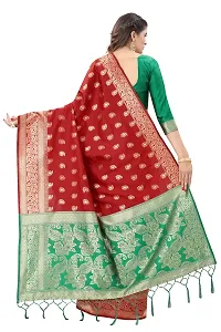 Panchaamrit Women's Soft Kota Chanderi Silk Blend Jacqaurd Woven Saree with Unstitched Contrast Blouse Piece | Red Lichi Silk Saree with Contrast Pallu (Green) and Soft Golden Zari Work-thumb1