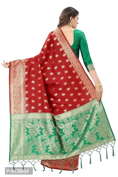 Panchaamrit Women's Soft Kota Chanderi Silk Blend Jacqaurd Woven Saree with Unstitched Contrast Blouse Piece | Red Lichi Silk Saree with Contrast Pallu (Green) and Soft Golden Zari Work-thumb2