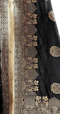 Panchaamrit Women's Soft Kota Kanjivaram Silk Blend Jacqaurd Woven Saree with Unstitched Blouse Piece| Black Lichi Silk Saree with Soft Golden Zari Work-thumb3