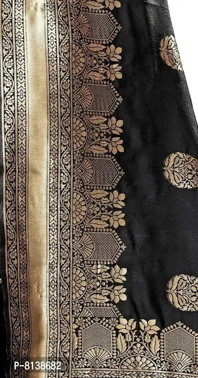 Panchaamrit Women's Soft Kota Kanjivaram Silk Blend Jacqaurd Woven Saree with Unstitched Blouse Piece| Black Lichi Silk Saree with Soft Golden Zari Work-thumb4