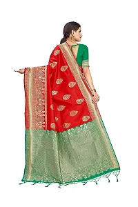 Panchaamrit Women's Soft Kota Kanjivaram Silk Blend Jacqaurd Woven Saree with Contrast Unstitched Blouse Piece | Red Lichi Silk Saree with Contrast Pallu (Green) and Soft Golden Zari Work-thumb1