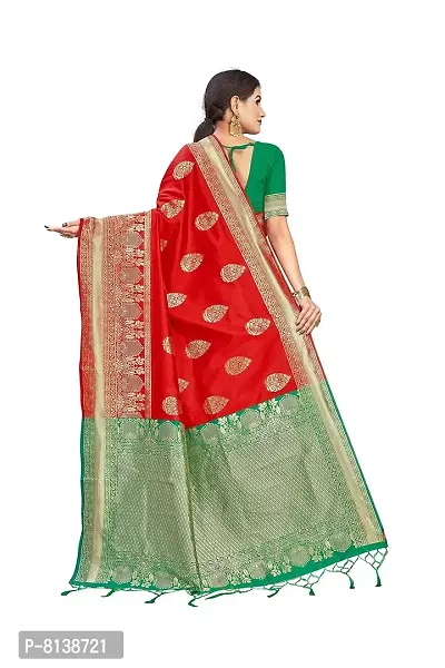 Panchaamrit Women's Soft Kota Kanjivaram Silk Blend Jacqaurd Woven Saree with Contrast Unstitched Blouse Piece | Red Lichi Silk Saree with Contrast Pallu (Green) and Soft Golden Zari Work-thumb2