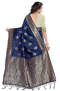 Panchaamrit Women's Soft Kota Silk Blend Jacquard Woven Half and Half Kanjivaram Saree with Unstitched Blouse Piece | Navy Blue and Cream | Lichi Silk Saree with Golden Zari Work-thumb1