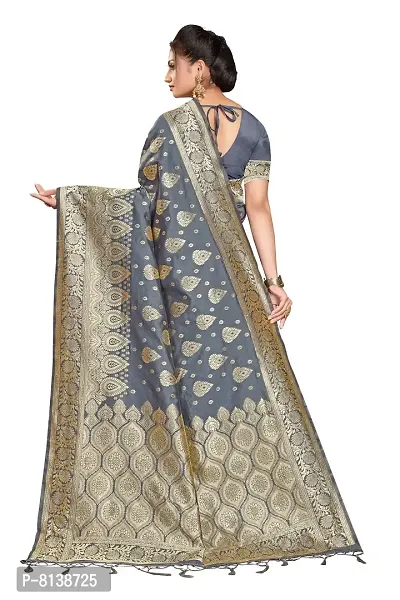 Panchaamrit Women's Soft Kota Chanderi Silk Blend Jacquard Woven Saree with Unstitched Blouse Piece | Lichi Silk Saree with Soft Golden Zari Work (Dark Grey)-thumb2