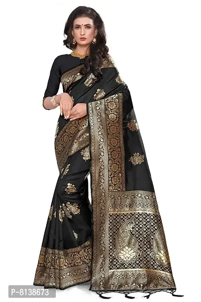 Panchaamrit Women's Soft Kota Chanderi Silk Blend Jacqaurd Woven Saree with Unstitched Blouse Piece| Black | Lichi Silk Saree with Soft Golden Zari Work
