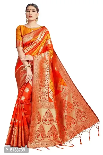 NITYA Women's Banarasi Silk Weave Jacquard Saree with Blouse (NJJ64, Orange)