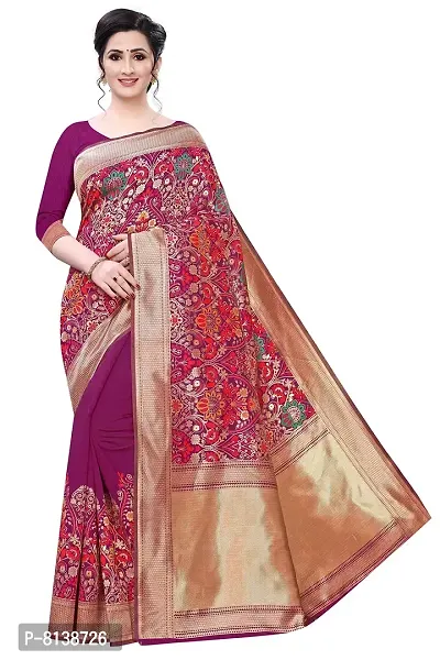 PANCHAAMRIT Women's Soft Kota Chanderi Silk Blend Saree with Unstitched Blouse Piece | Colorful Kashmiri Jacqaurd Woven | Wine Color Lichi Silk Saree with Soft Golden Zari Work-thumb0