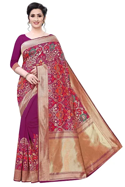 PANCHAAMRIT Women's Soft Kota Chanderi Silk Blend Saree with Unstitched Blouse Piece | Colorful Kashmiri Jacqaurd Woven | Dark Lichi Silk Saree with Soft Zari Work