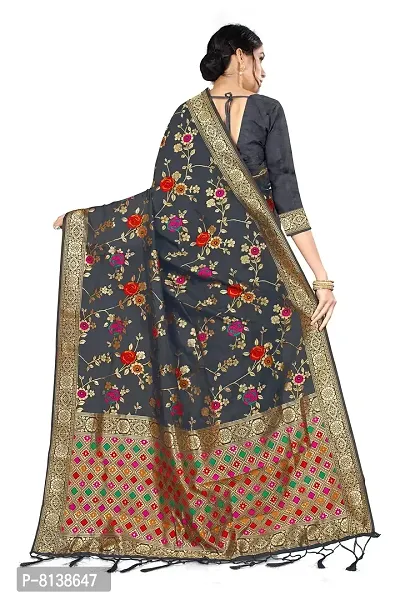 Panchaamrit Women's Kota Chanderi Silk Blend Jacquard Woven Meenakari Saree with Unstitched Blouse Piece | Colorful Floral Pattern | Dark Grey Lichi Silk Sari with Soft Zari Work-thumb2