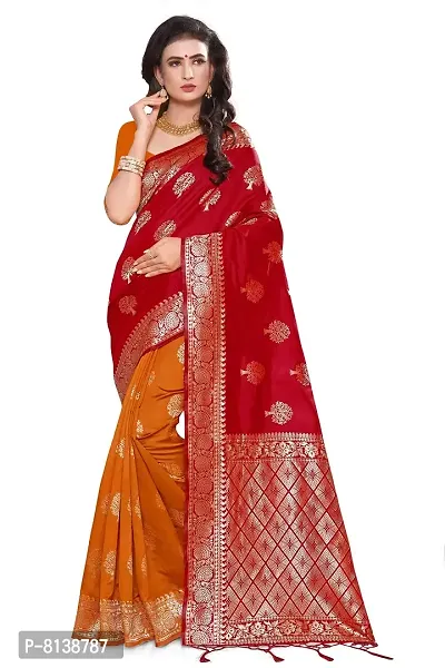 NITYA Women's Banarasi Silk Half and Half Pattern Saree with Blouse Piece (Red)