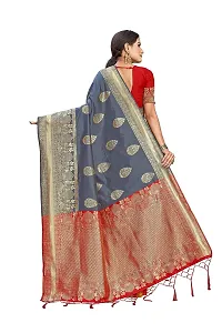 Panchaamrit Women's Soft Kota Kanjivaram Silk Blend Jacqaurd Woven Saree with Contrast Unstitched Blouse Piece | Dark Grey Lichi Silk Saree with Contrast Pallu (Red) and Soft Golden Zari Work-thumb1