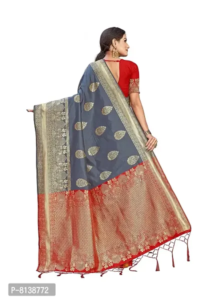 Panchaamrit Women's Soft Kota Kanjivaram Silk Blend Jacqaurd Woven Saree with Contrast Unstitched Blouse Piece | Dark Grey Lichi Silk Saree with Contrast Pallu (Red) and Soft Golden Zari Work-thumb2