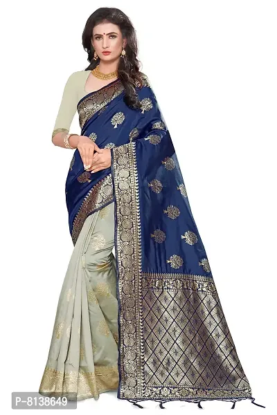 Panchaamrit Women's Soft Kota Silk Blend Jacquard Woven Half and Half Kanjivaram Saree with Unstitched Blouse Piece | Navy Blue and Cream | Lichi Silk Saree with Golden Zari Work-thumb0