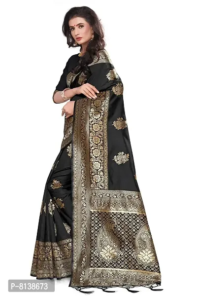 Panchaamrit Women's Soft Kota Chanderi Silk Blend Jacqaurd Woven Saree with Unstitched Blouse Piece| Black | Lichi Silk Saree with Soft Golden Zari Work-thumb3